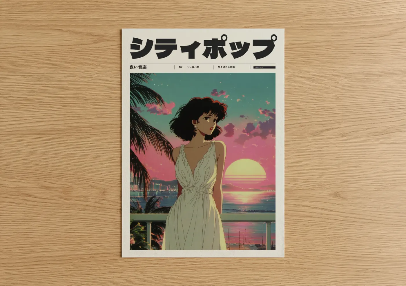 Anime and manga art print on warm oak wood — magenta and teal palette — Sunset Reverie poster