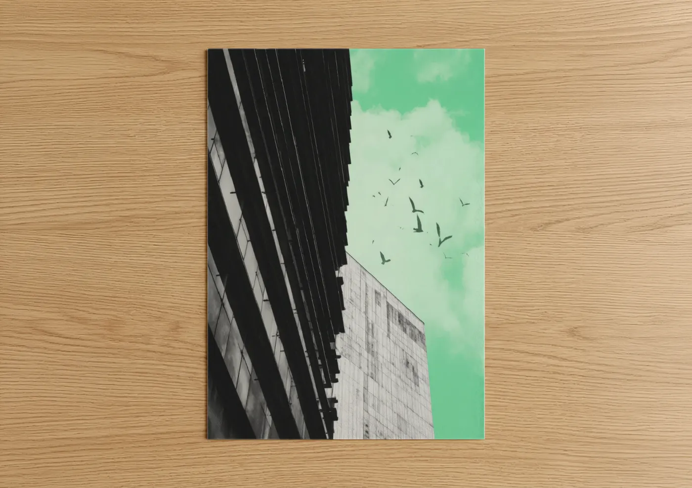 Abstract architecture art print on warm oak wood — light green and black and white palette — Urban Skyline Freedom poster