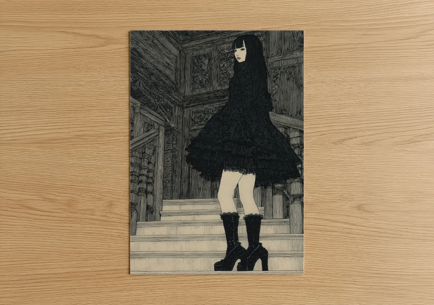 Fashion illustration art print on warm oak wood — black and white palette — Gothic Library Girl poster