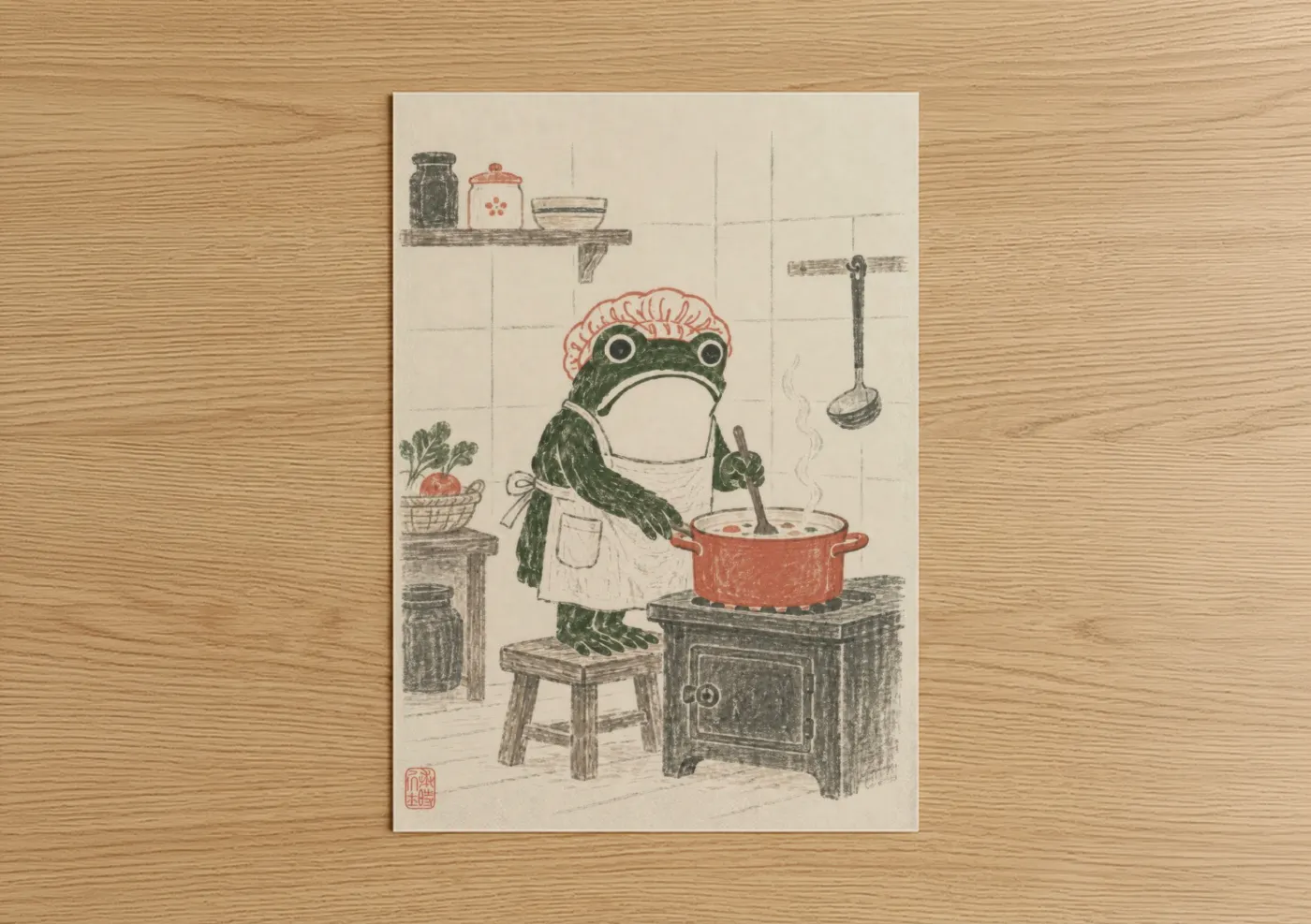 Frogs and toads art print on warm oak wood — cream and olive palette — Cooking Frog Kitchen Wall Art poster