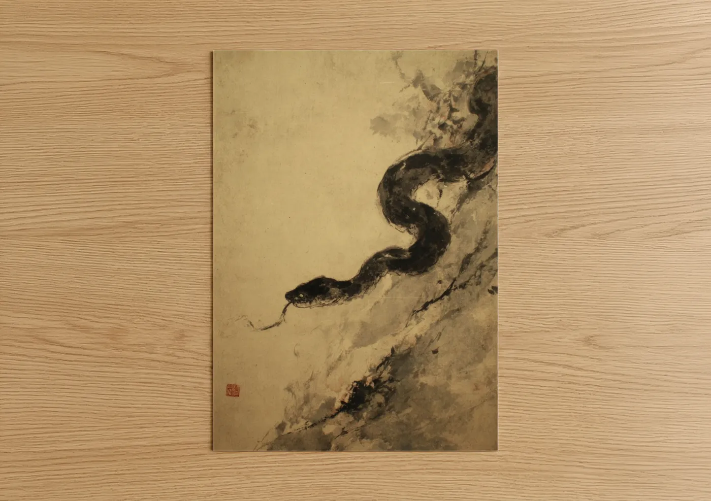 Art print on warm oak wood — black and white and beige palette — Coiled Rattlesnake poster