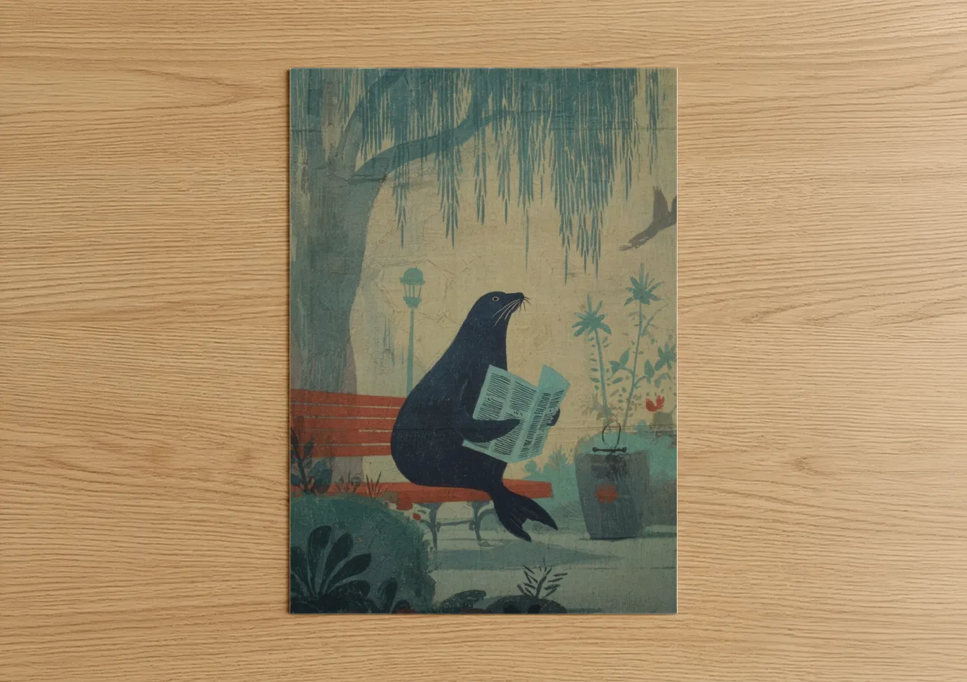 Art print on warm oak wood — teal and cream palette — Reading Sea Lion poster