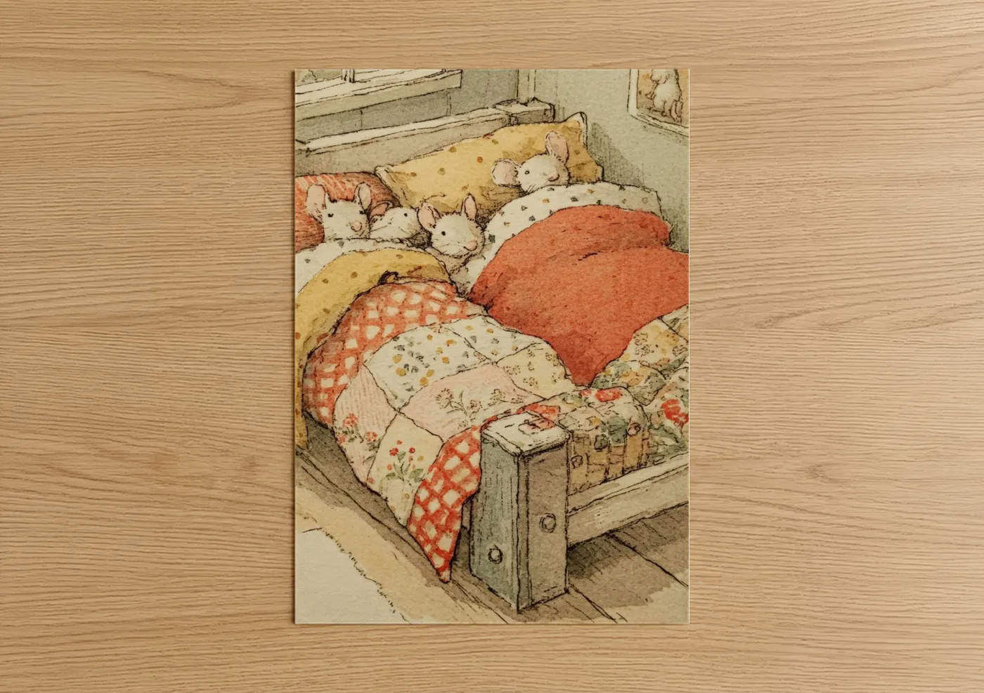 Art print on warm oak wood — cream and russet palette — Cozy Mice Bedtime poster