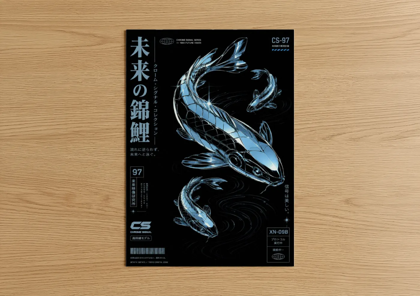 Art print on warm oak wood — blue and black palette — Chrome Koi Fish Japanese Futurism Wall Art poster