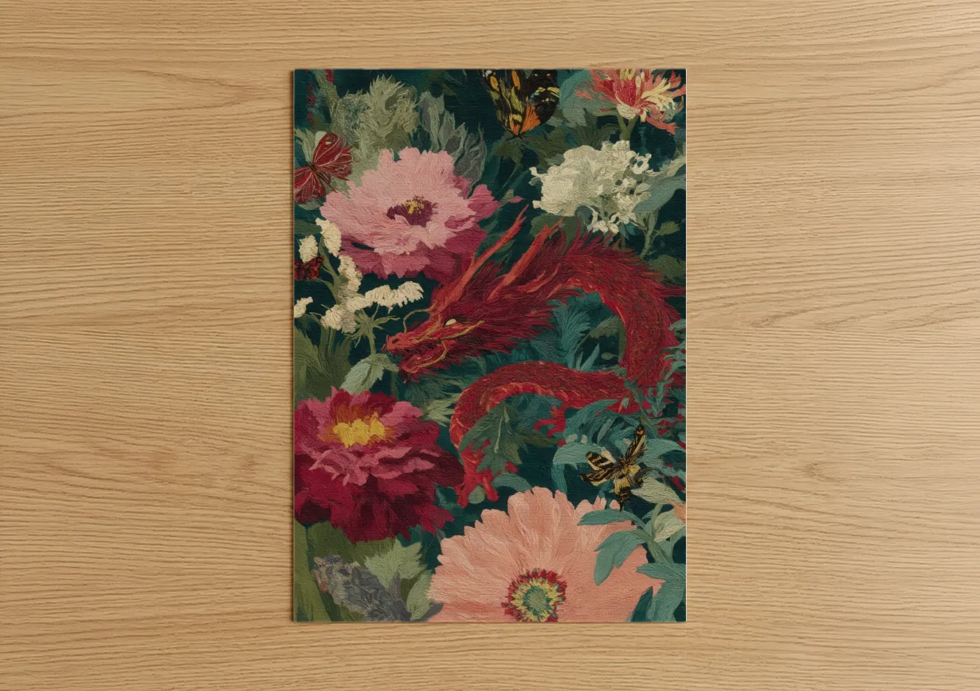 Art print on warm oak wood — red and teal palette — Ornate Dragon Garden poster