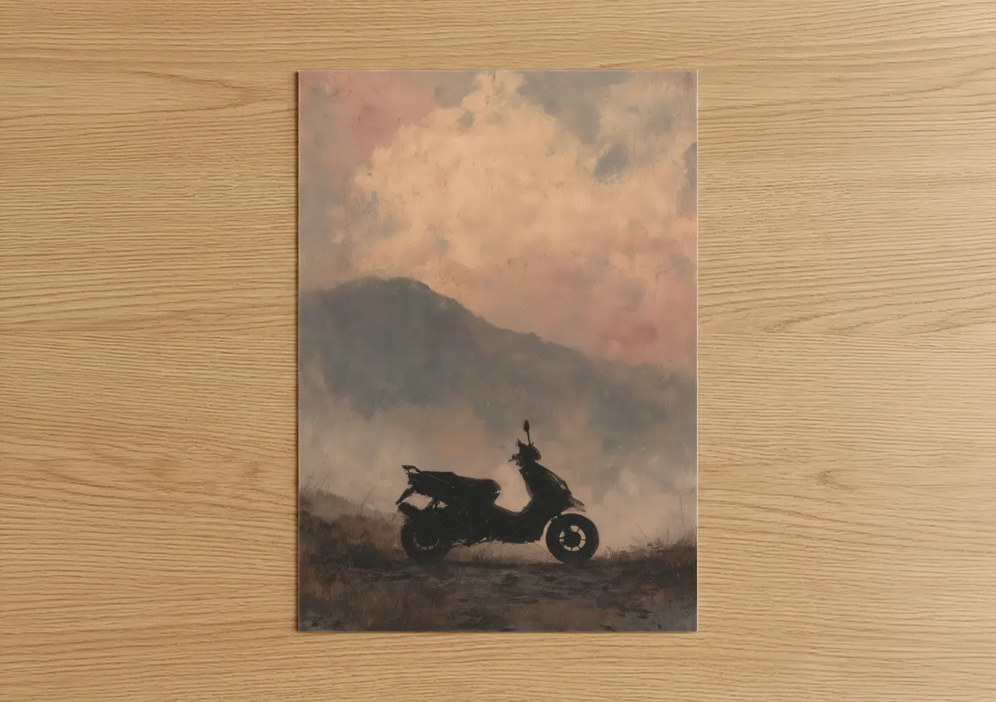 Art print on warm oak wood — peach and cream palette — Mountain Scooter poster