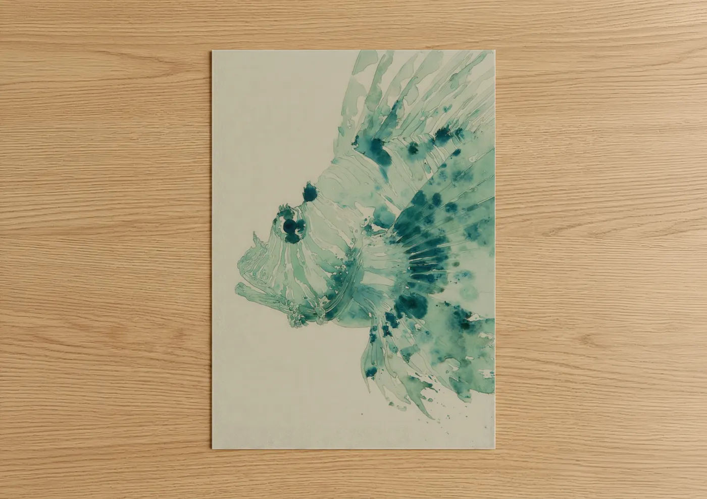 Art print on warm oak wood — teal and dark blue palette — Ethereal Lionfish poster