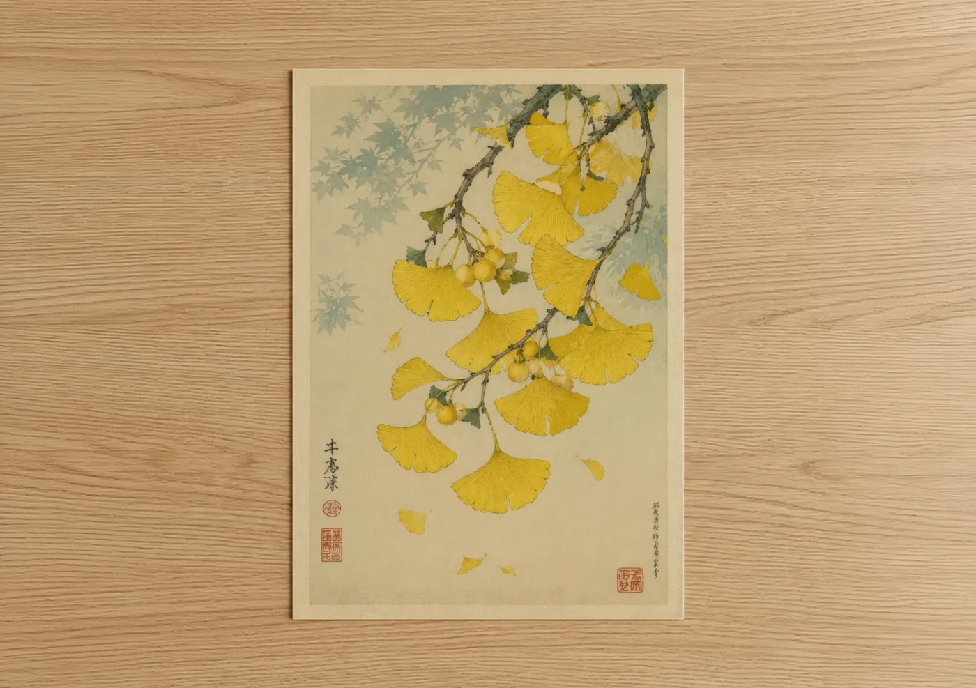 Leaf art print on warm oak wood — yellow and beige palette — Golden Ginkgo Leaves Japanese Wall Art poster