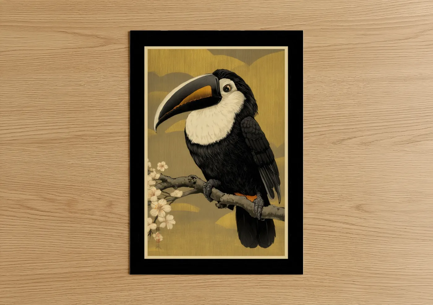 Art print on warm oak wood — gold and black and white palette — Golden Toucan poster
