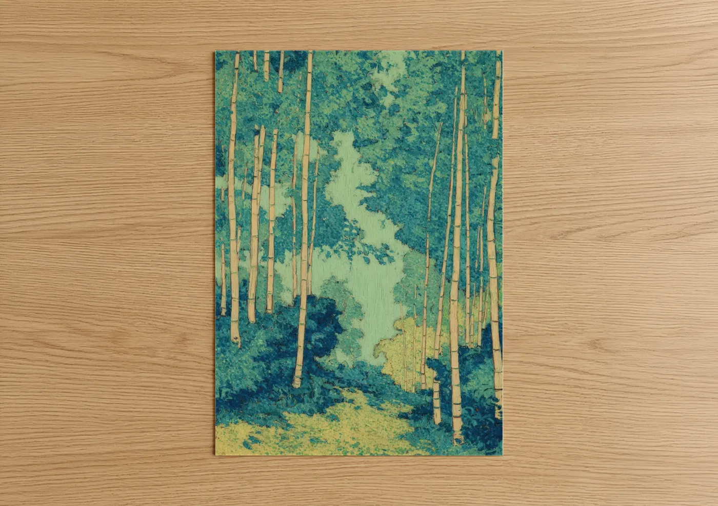 Art print on warm oak wood — teal and cream palette — Serene Bamboo Forest poster