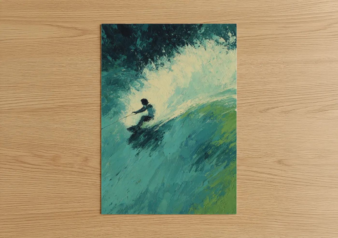 Wakeboarding art print on warm oak wood — teal and cream palette — Turquoise Wave Rider poster