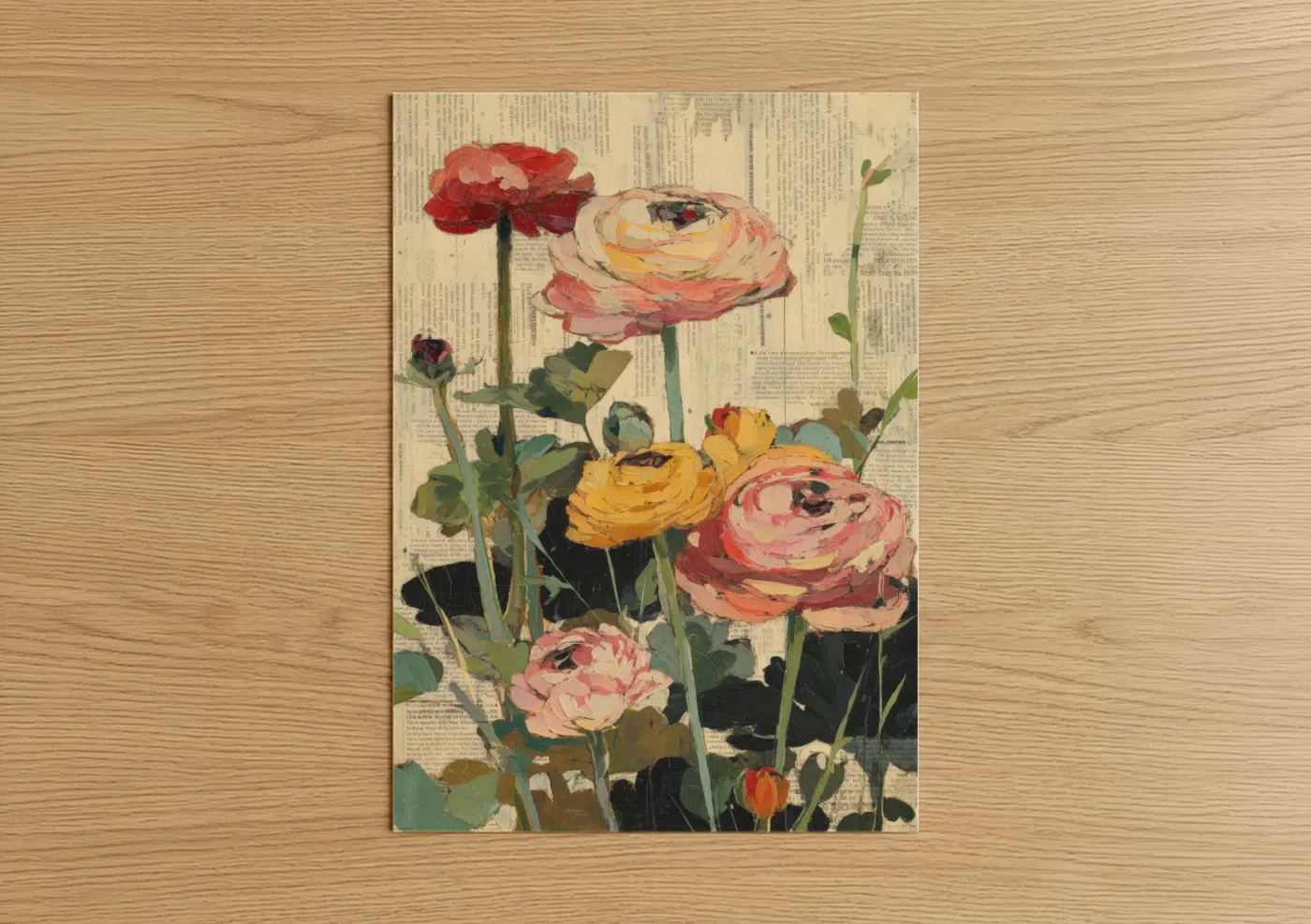 Art print on warm oak wood — cream and rose gold palette — Vintage Ranunculus poster