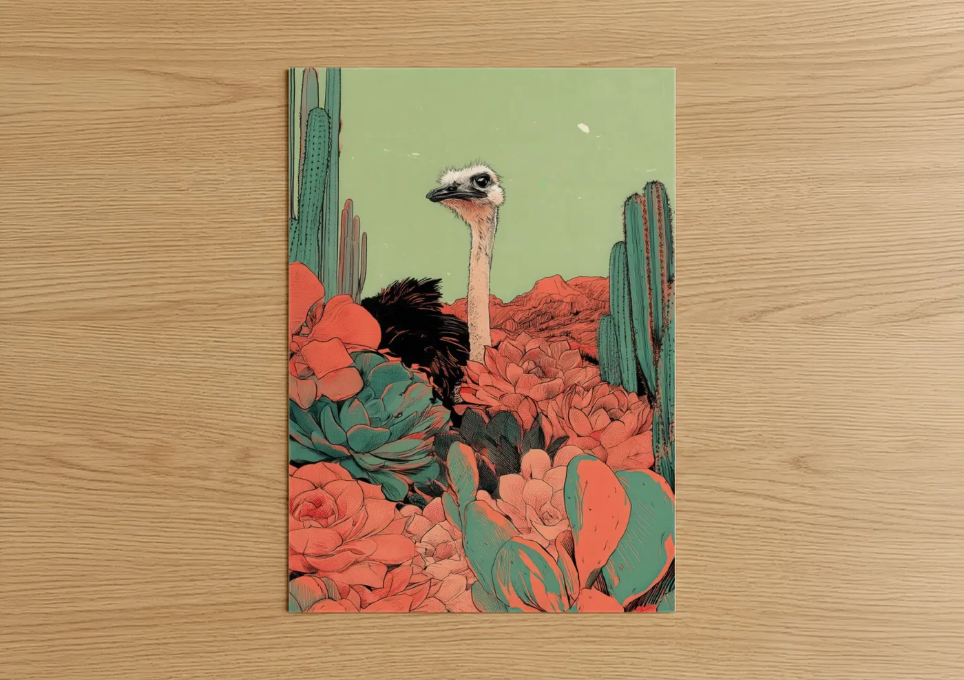 Desert Ostrich Wildlife Illustration Wall Art