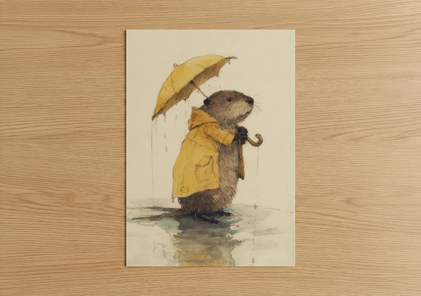 Rainy Day Beaver Watercolor Illustration Wall Art