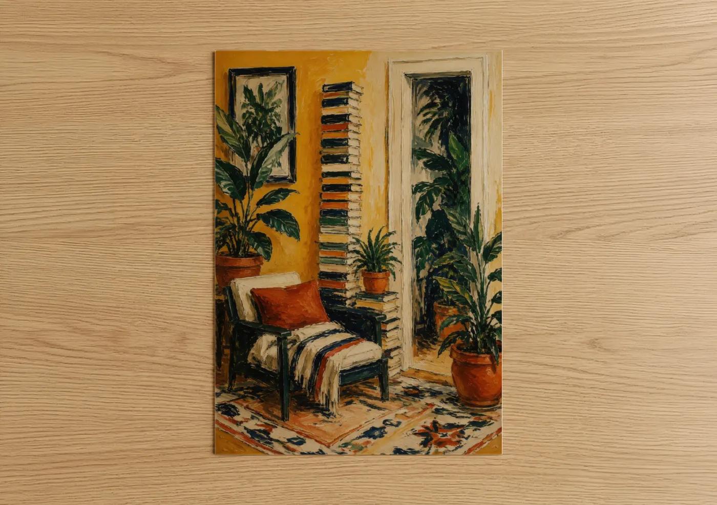 Art print on warm oak wood — orange and green palette — Tropical Interior With Plants Wall Art poster