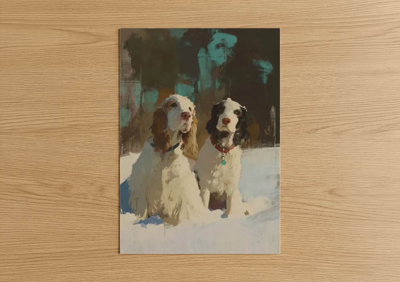 Two Spaniels Winter Snow Portrait Wall Art