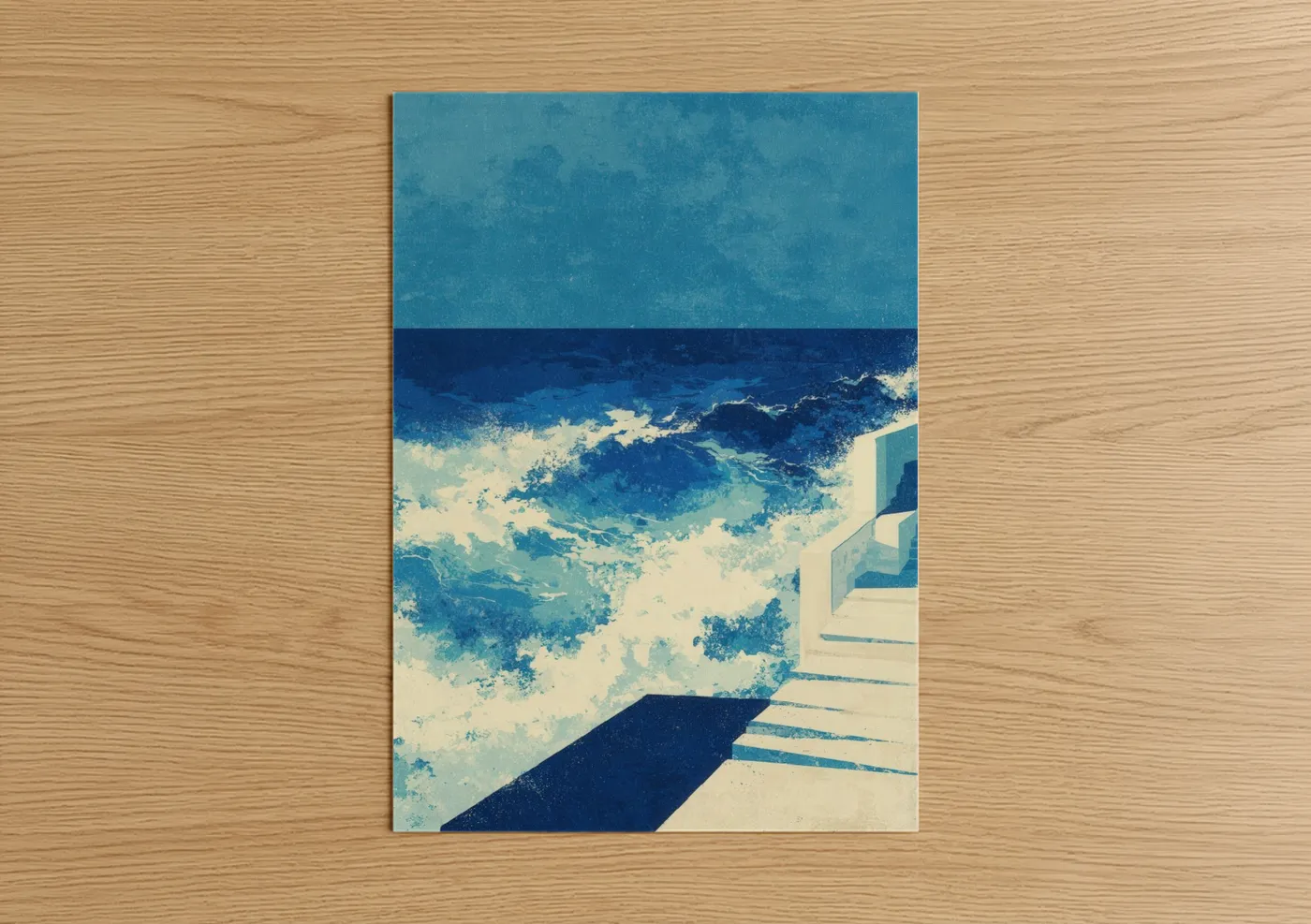 Seascapes and ocean art print on warm oak wood — blue and cream palette — Coastal Stairway poster