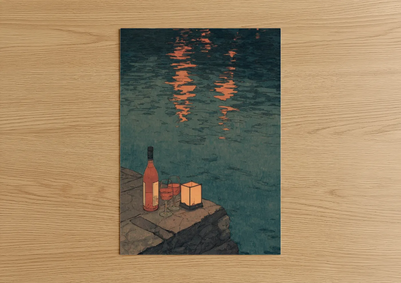 Rosé Wine Sunset Reflection Illustration Wall Art