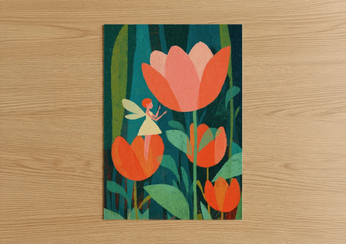 Art print on warm oak wood — teal palette — Coral Fairy Garden poster