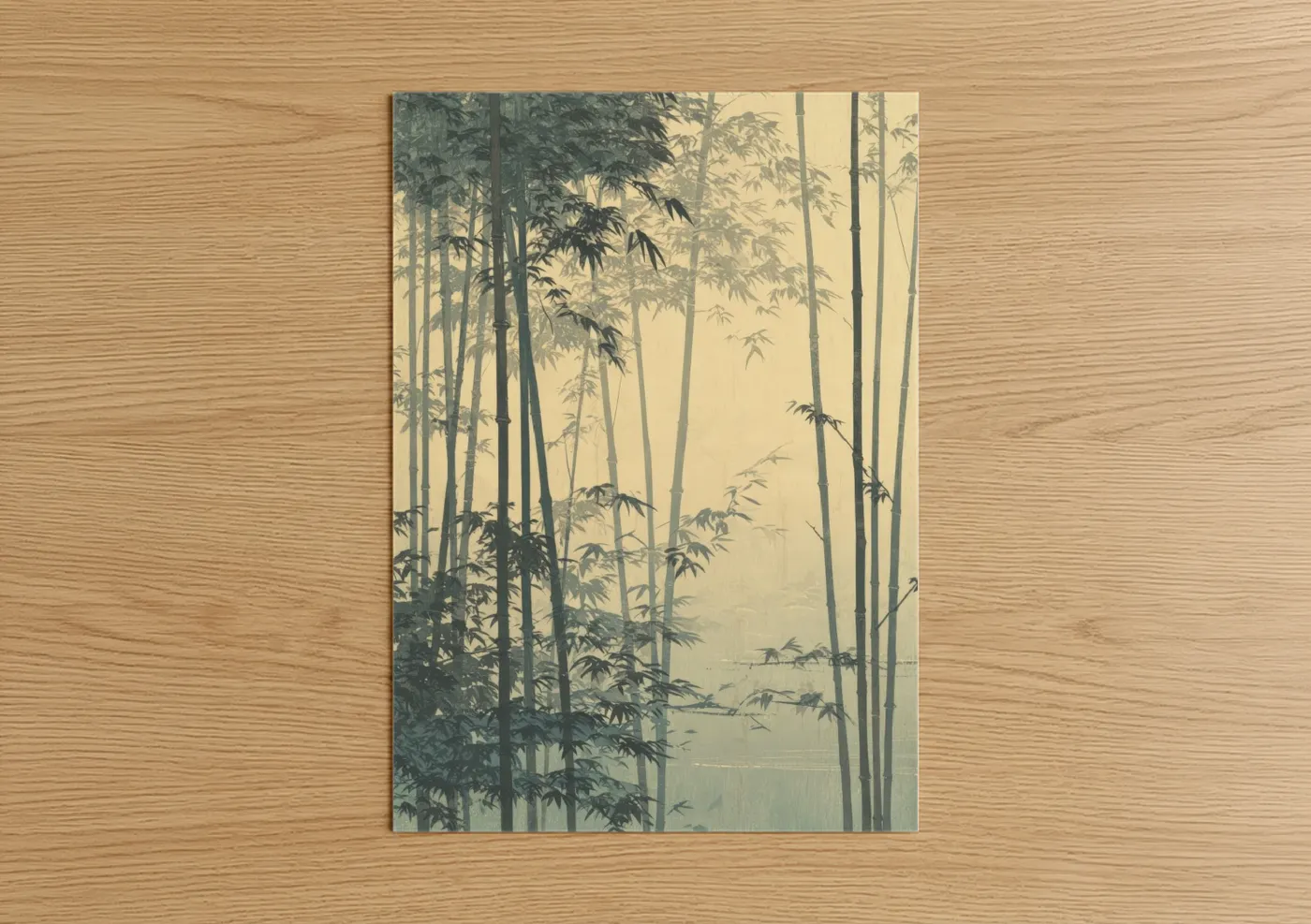 Bamboo jungle art print on warm oak wood — sage green and gray palette — Misty Bamboo Grove poster