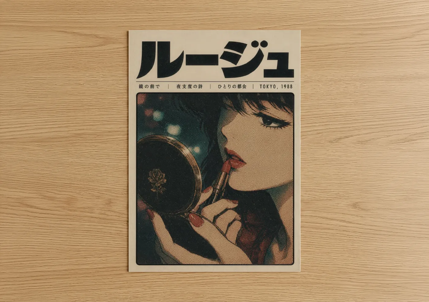 Art print on warm oak wood — cream and teal palette — Vintage Japanese Beauty Magazine Wall Art poster