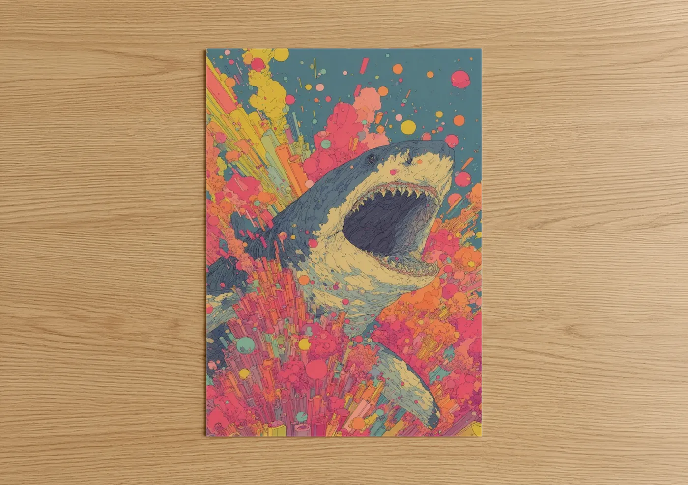 Art print on warm oak wood — magenta and yellow gold palette — Neon Basking Shark poster