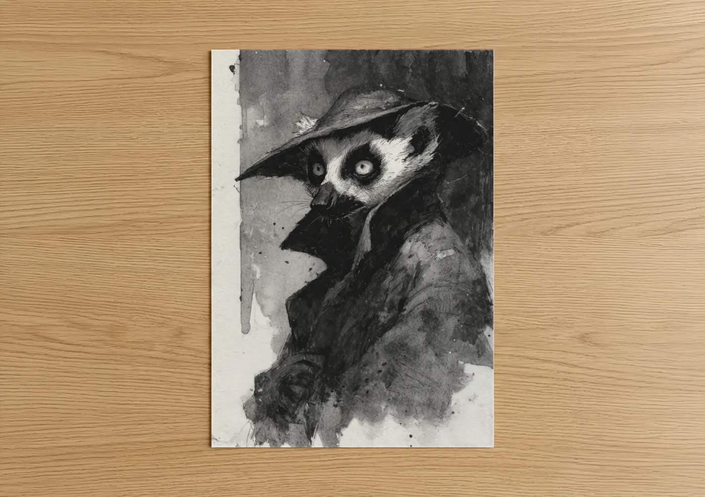 Dapper Lemur in Top Hat Black Ink Wall Art