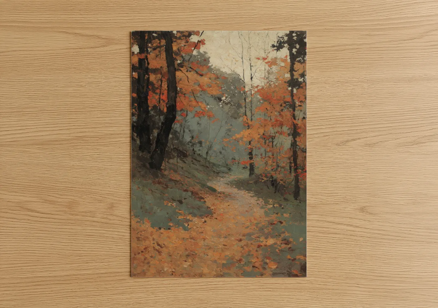 Art print on warm oak wood — russet and dove gray palette — Autumn Maple Forest poster