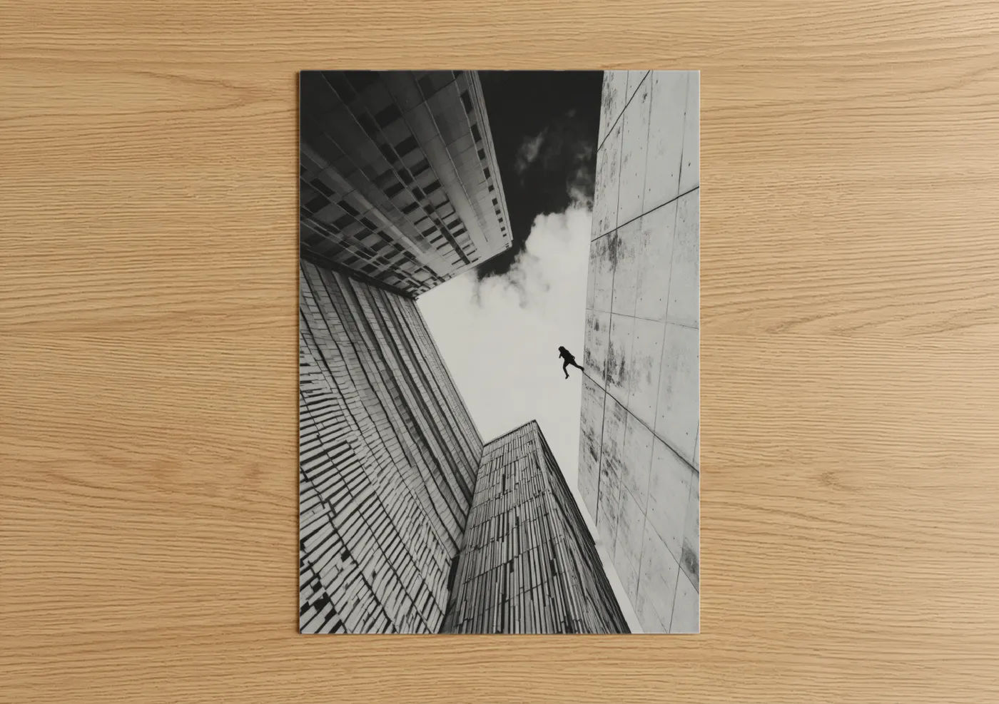 Abstract architecture art print on warm oak wood — black and white and gray palette — Urban Ascent poster