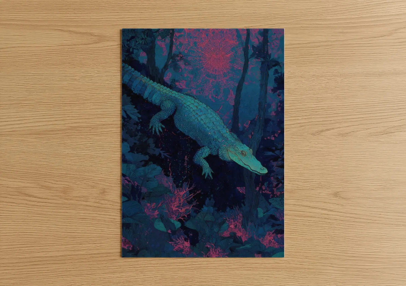 Art print on warm oak wood — blue and magenta palette — Neon Alligator poster