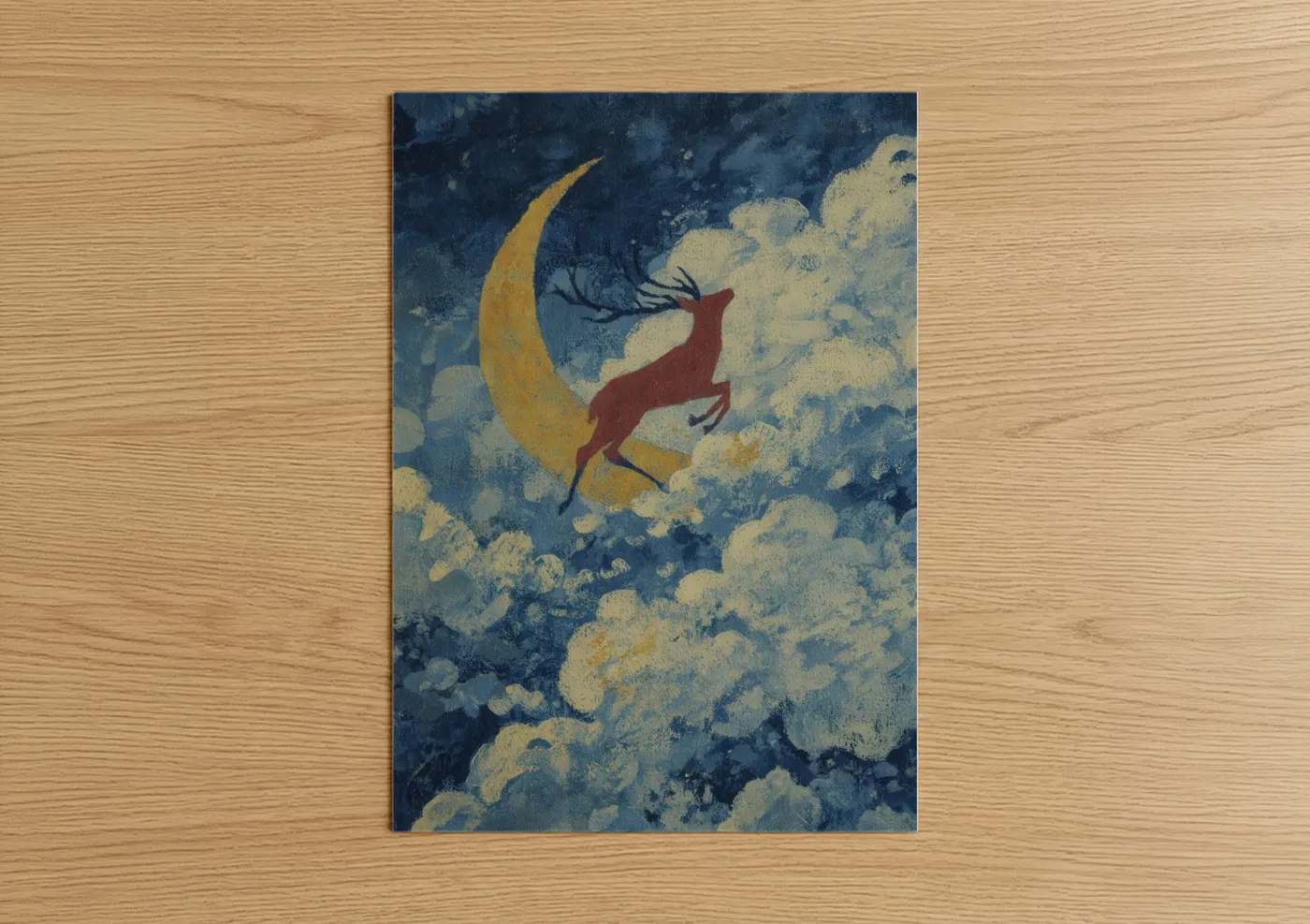 Art print on warm oak wood — dark blue and gold palette — Celestial Elk poster
