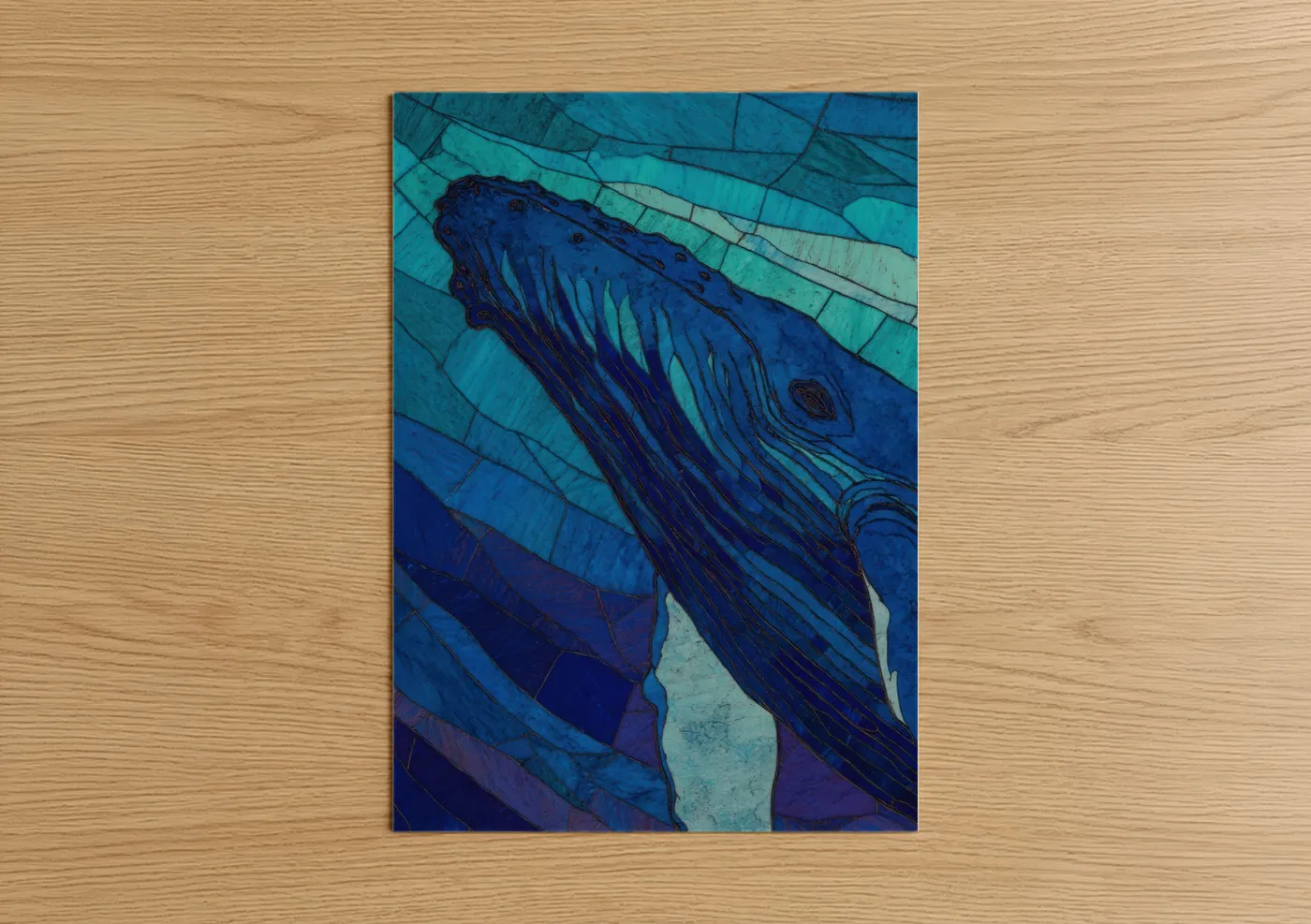 Humpback whale art print on warm oak wood — blue and teal palette — Deep Blue Whale poster