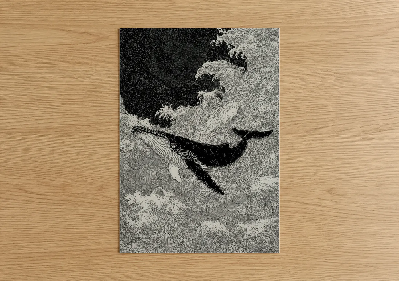Gray Whale Ocean Line Art Black White Wall Art