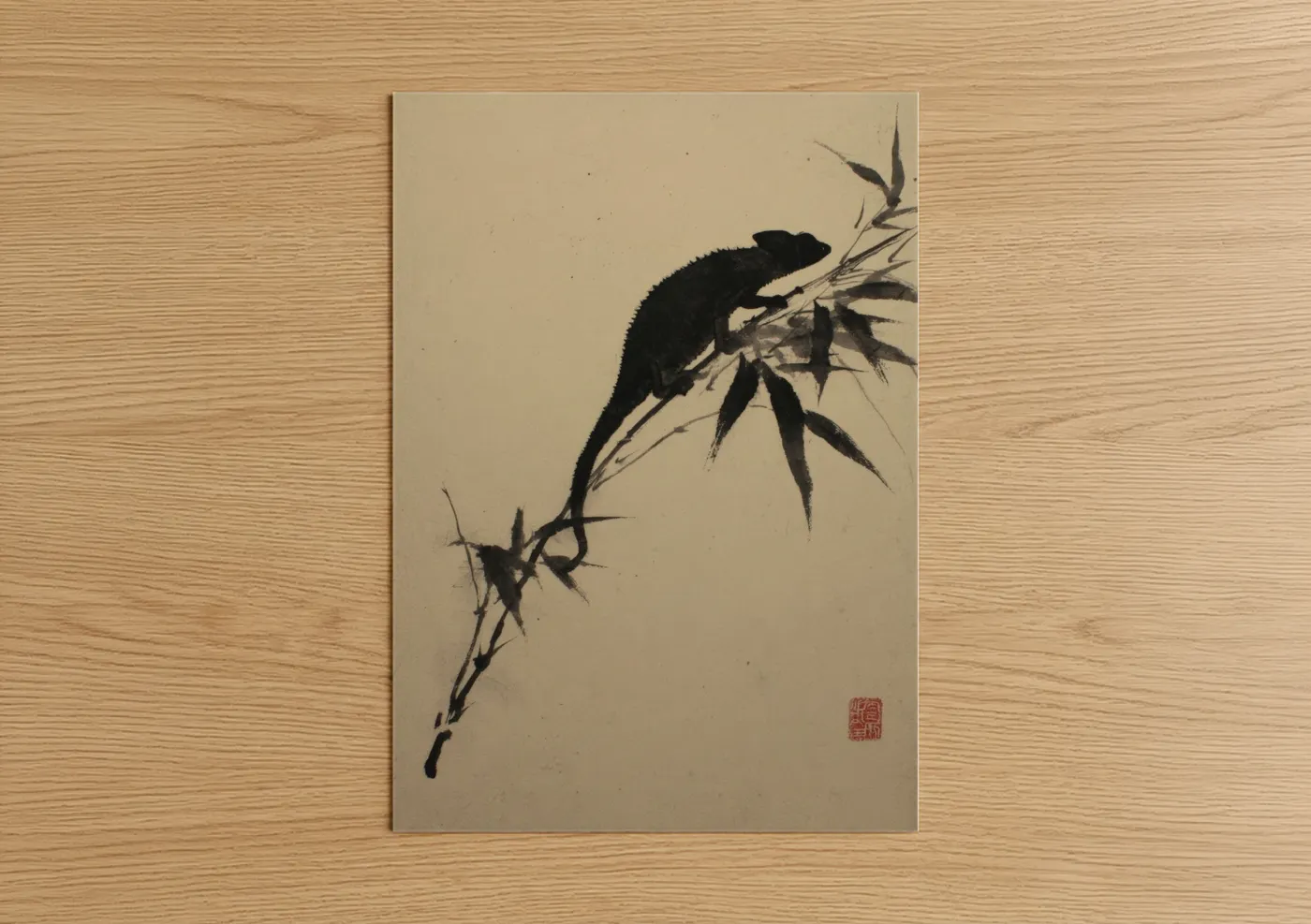 Art print on warm oak wood — black and cream palette — Bamboo Chameleon poster