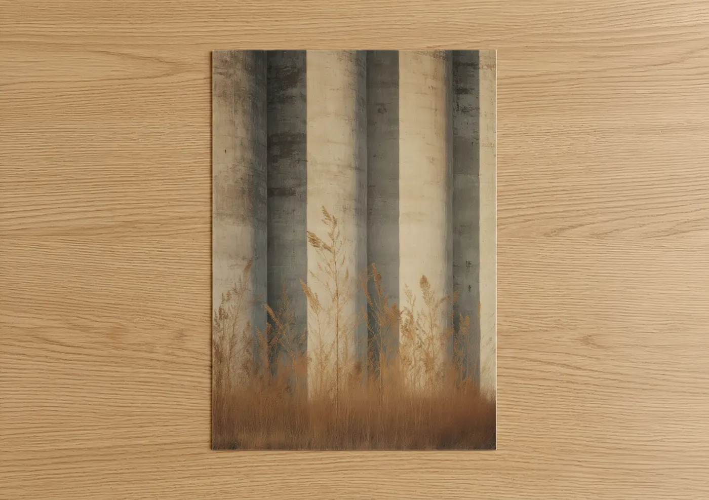 Art print on warm oak wood — beige and dove gray palette — Golden Grain Fields poster