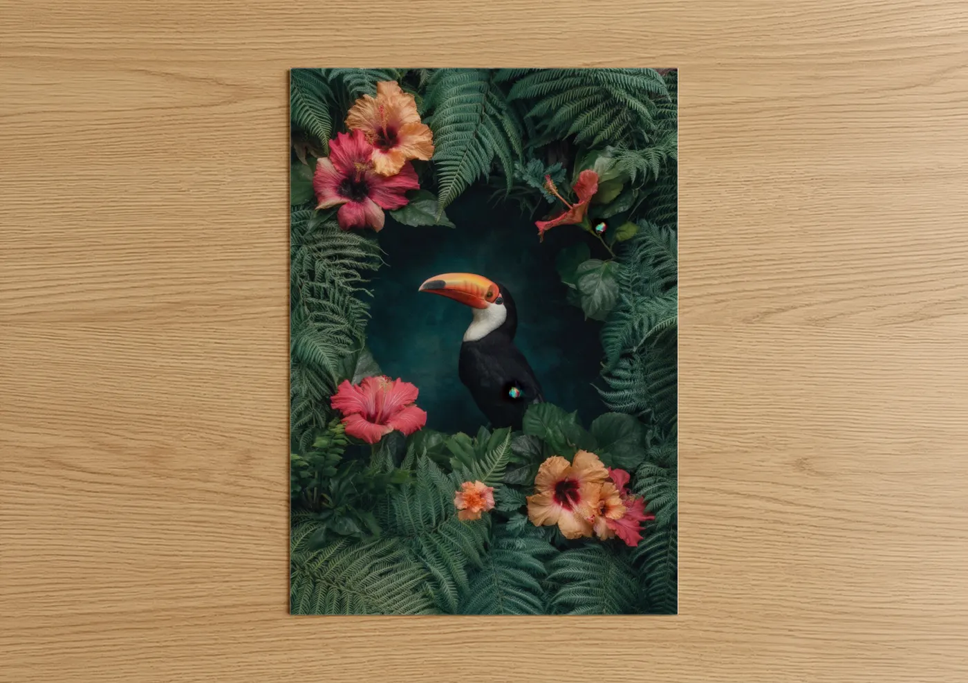 Art print on warm oak wood — true green and salmon pink palette — Tropical Toucan poster