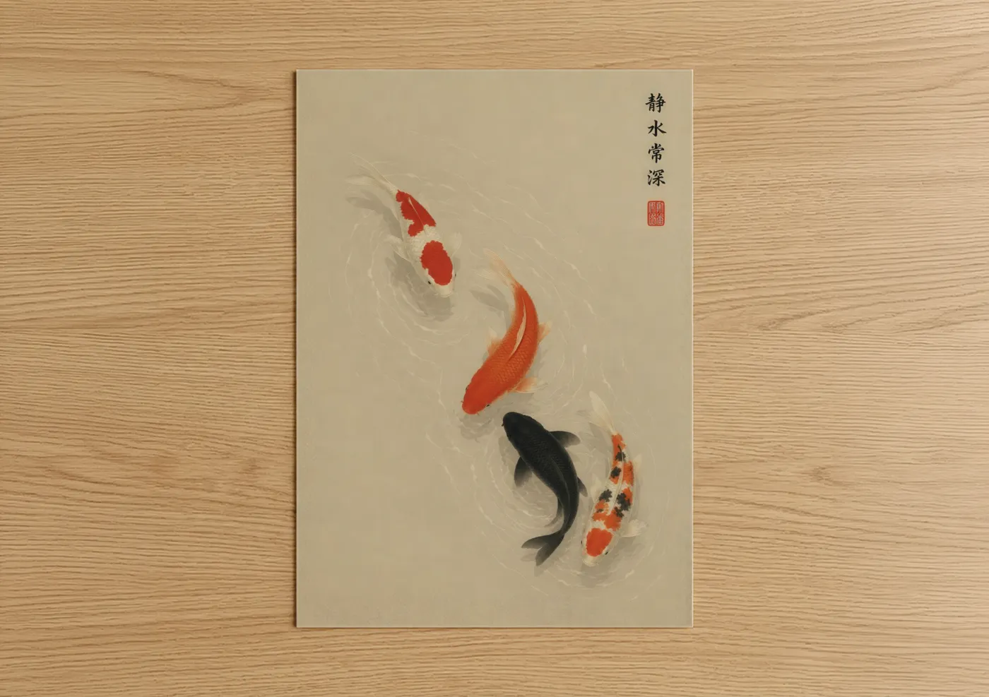 Art print on warm oak wood — beige and red palette — Japanese Koi Fish Zen Wall Art poster