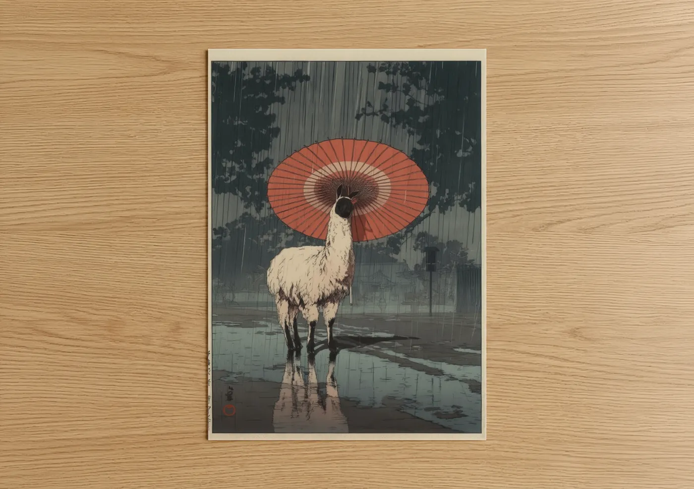 White Llama Rain Umbrella Japanese Wall Art