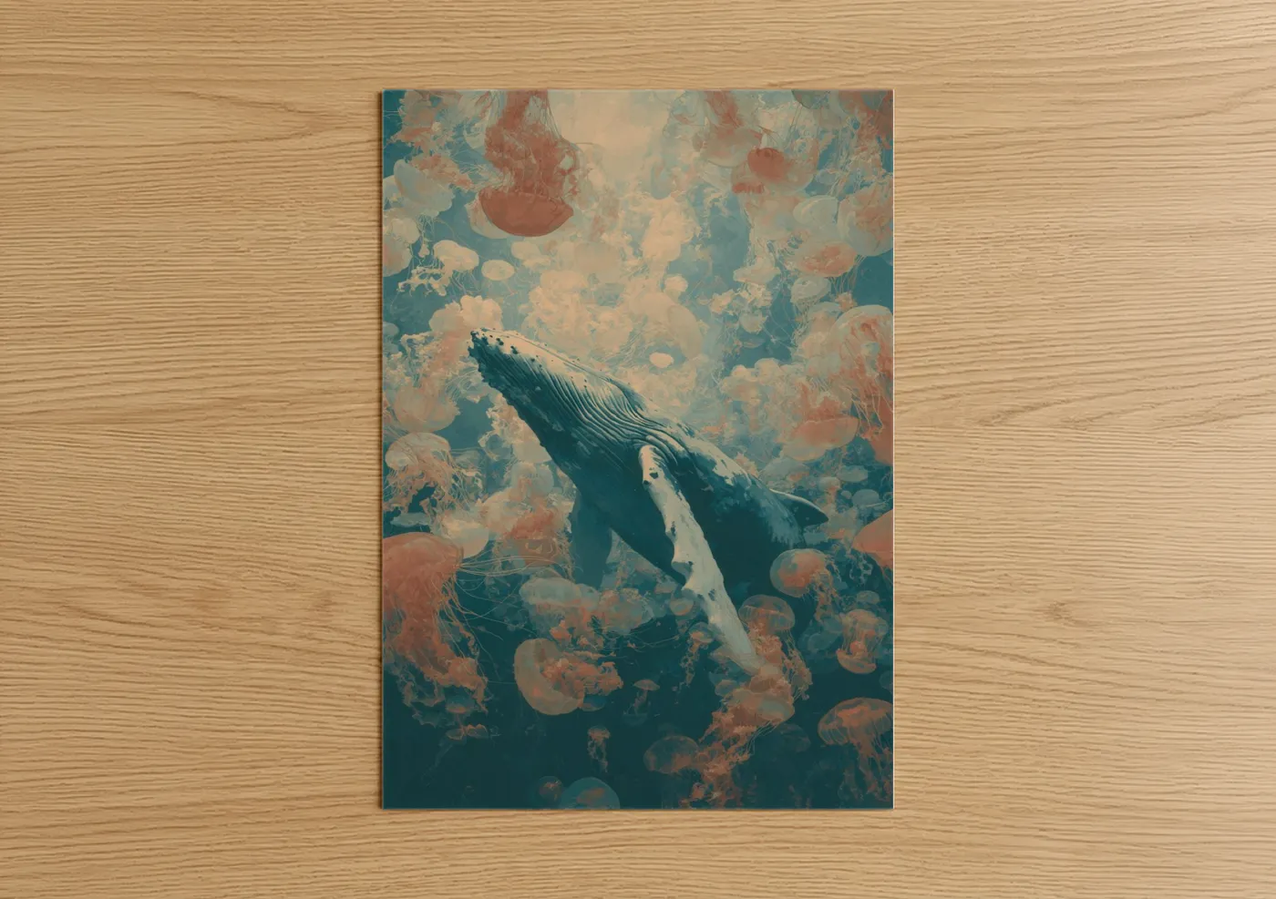 Humpback whale art print on warm oak wood — teal and salmon pink palette — Jellyfish Whale poster