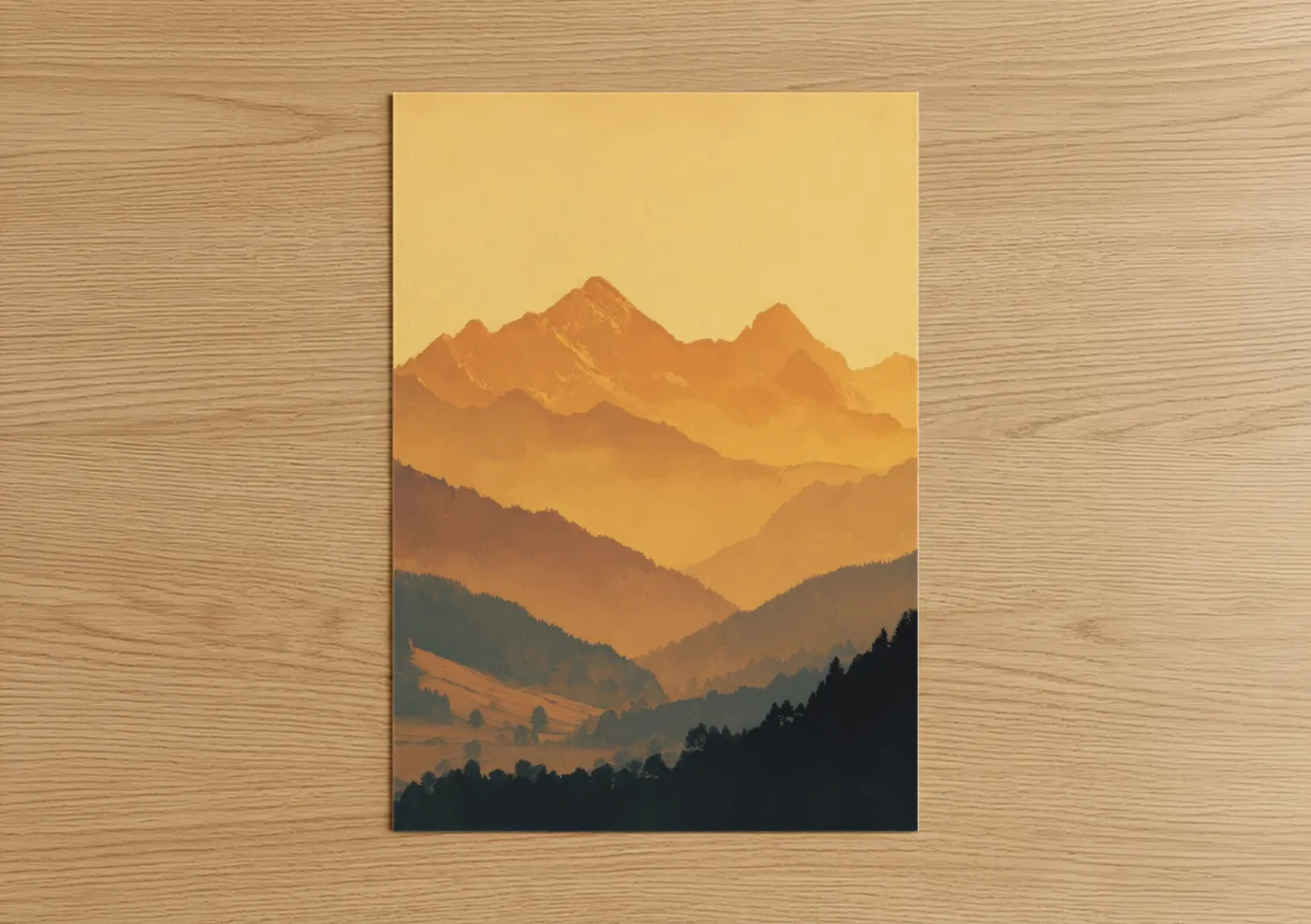 Alps art print on warm oak wood — gold and orange palette — Golden Alpine Peaks poster