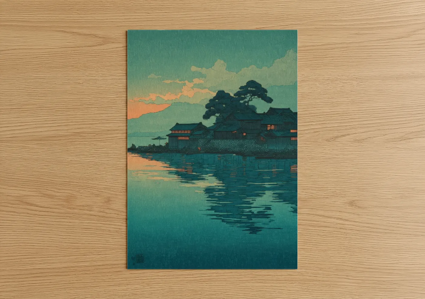 Waterfront Village Sunset Japanese Wall Art