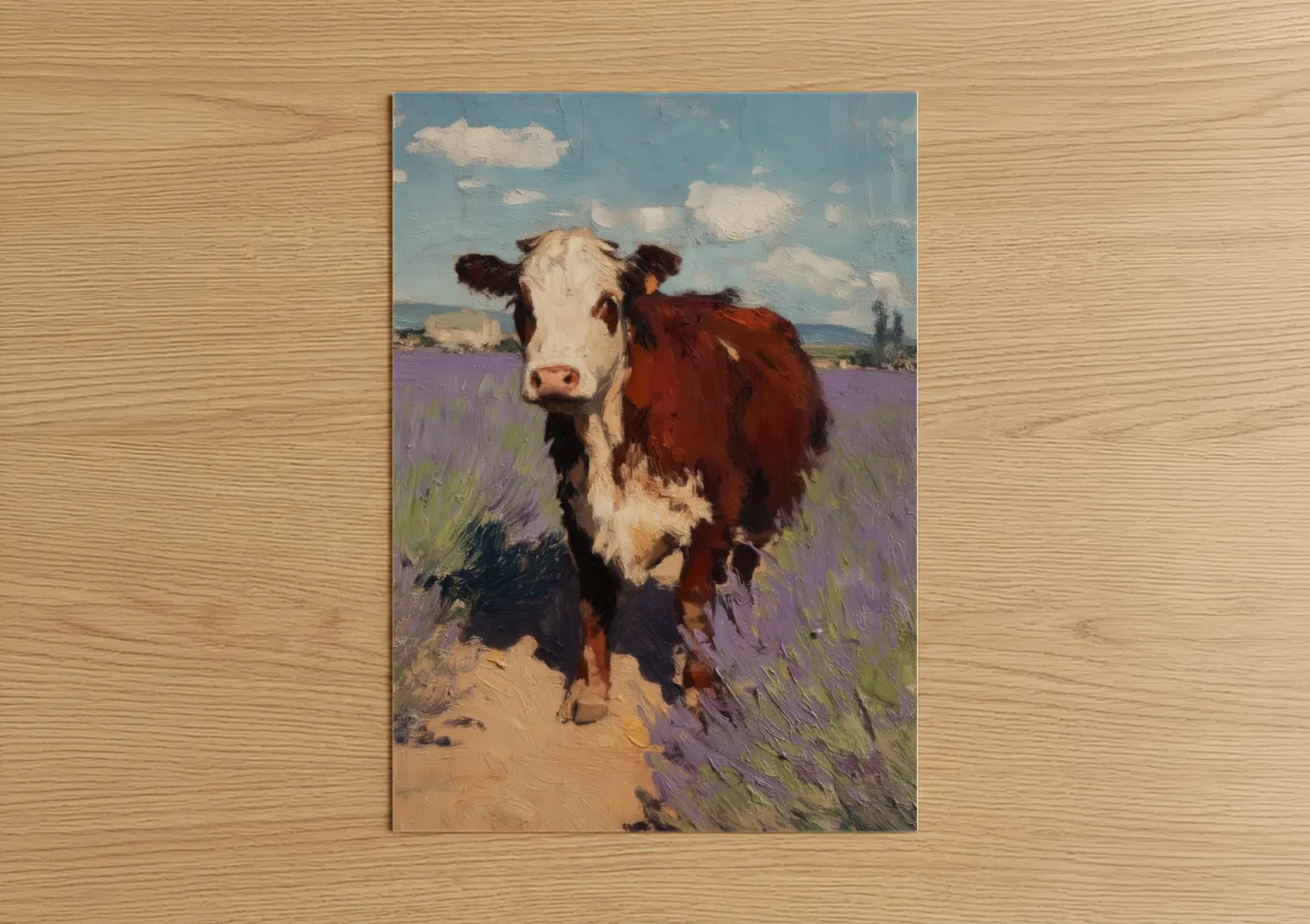 Hereford cow art print on warm oak wood — blue and purple palette — Lavender Hereford poster