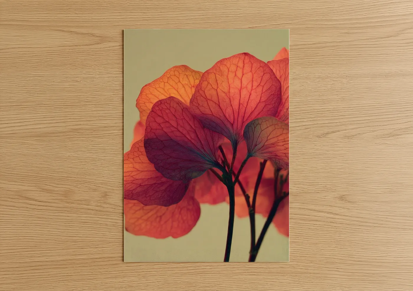 Art print on warm oak wood — red and gold palette — Crimson Hydrangea poster