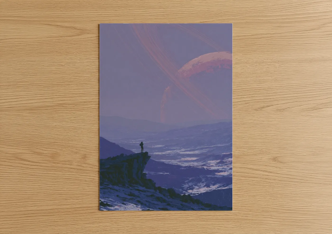 Sci-fi art print on warm oak wood — purple and blue palette — Alien Planet Observer poster