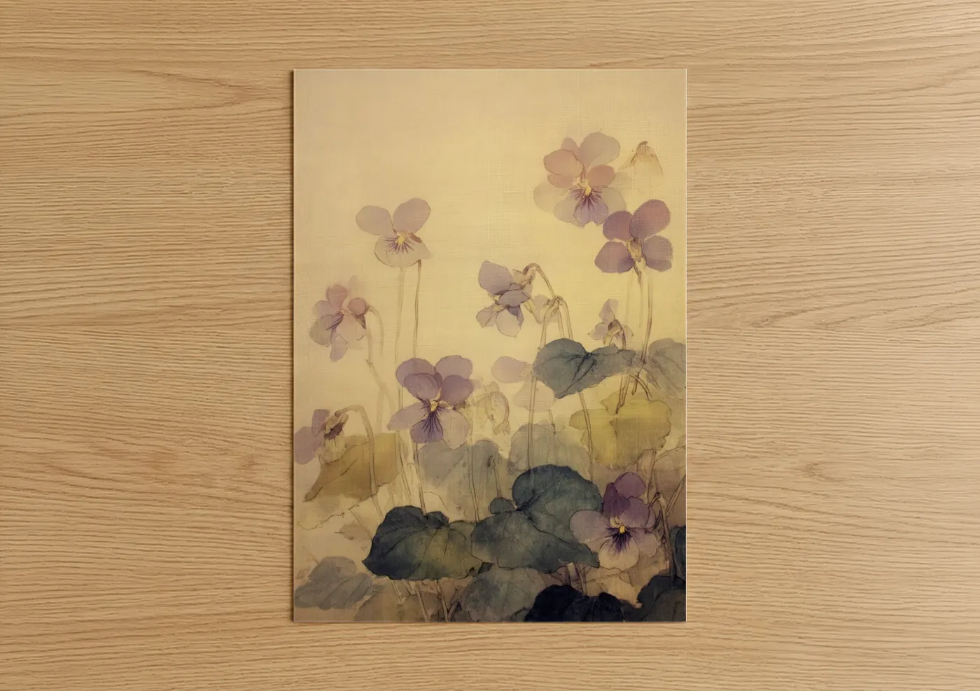 Violets art print on warm oak wood — lavender and cream palette — Misty Violet Garden poster