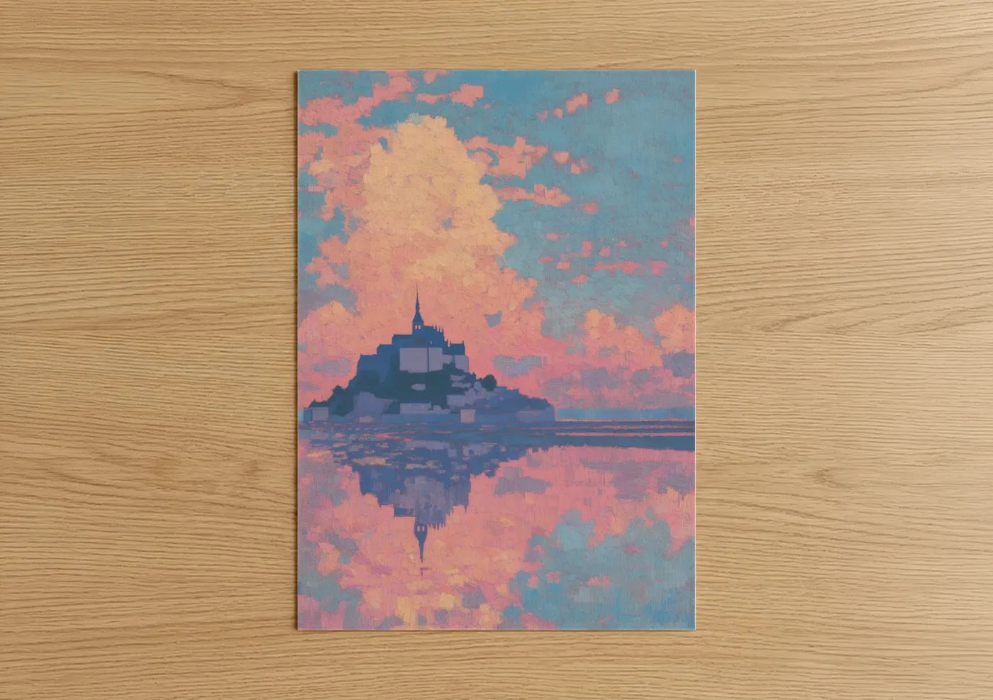 Art print on warm oak wood — pink and blue palette — Ethereal Mont Saint-Michel poster