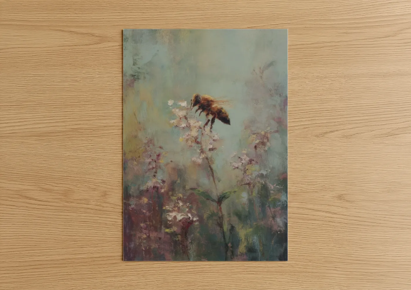 Art print on warm oak wood — sage green and gray palette — Golden Bee Bloom poster