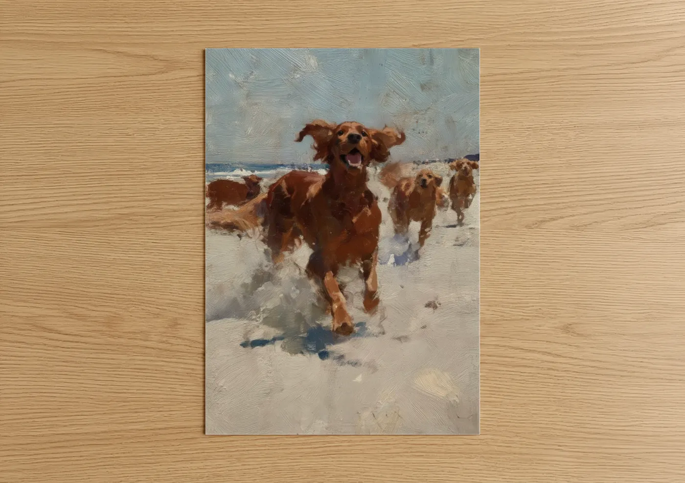Art print on warm oak wood — blue and white and gold palette — Beach Setter Joy poster