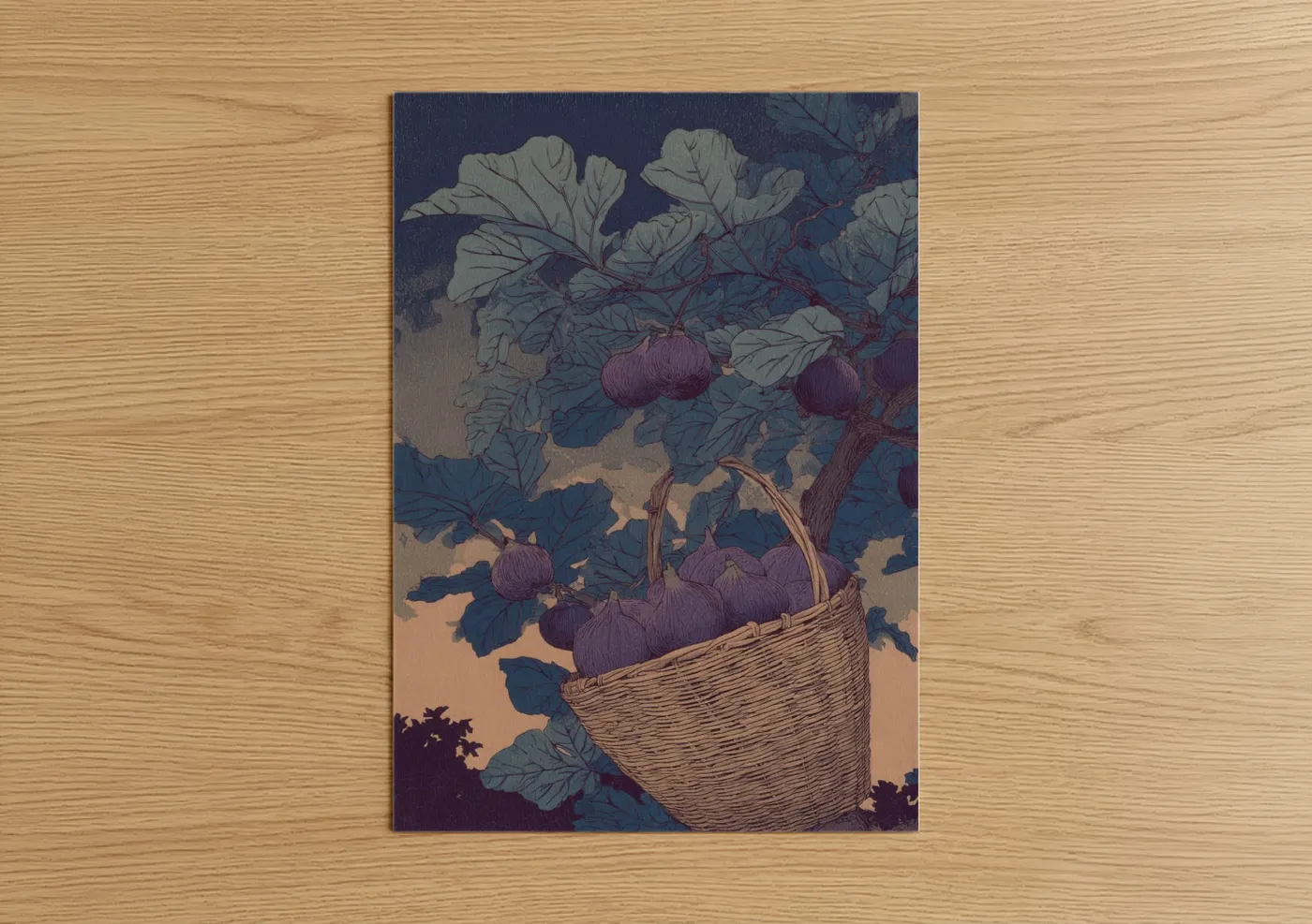 Fruit art print on warm oak wood — maroon and sage green palette — Harvest Figs Basket poster