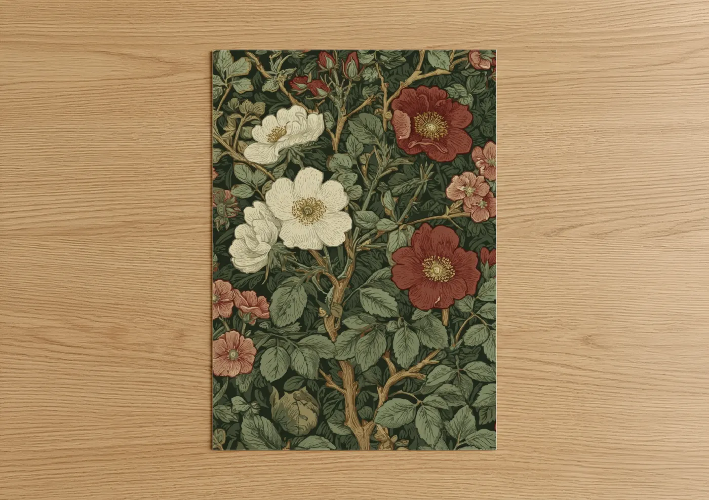 Flower field art print on warm oak wood — dark green and cream palette — Cottage Garden Blooms poster